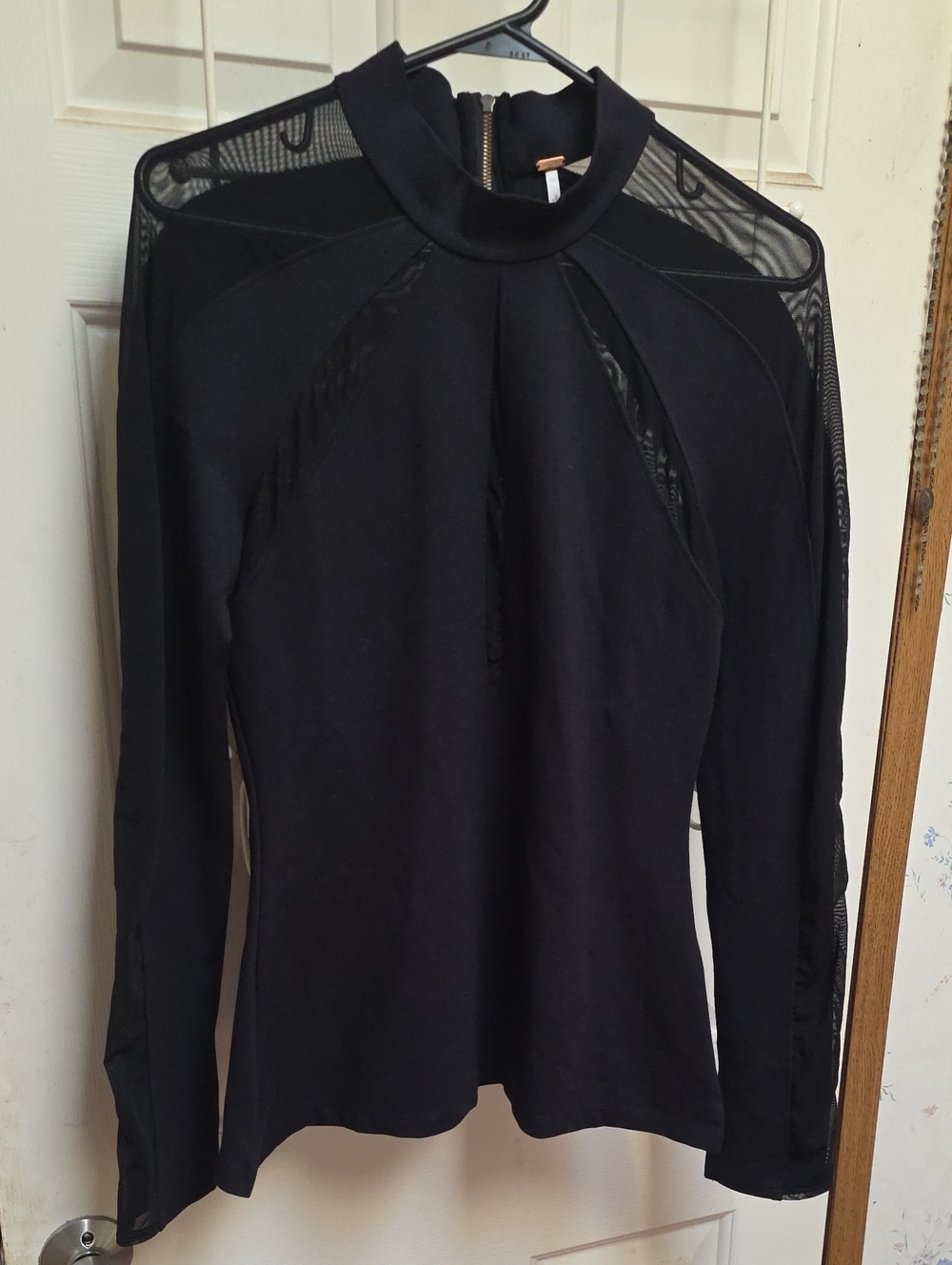 Free People Black Long-Sleeve Mock Neck Top with Mesh Insets